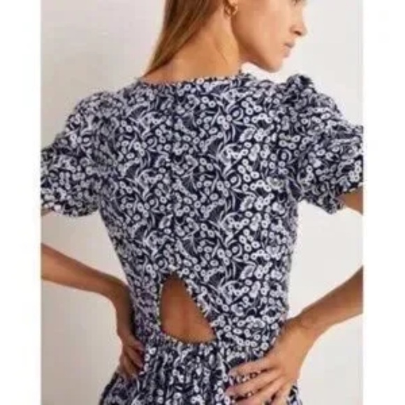 BODEN Back Detail Jersey Puff Sleeve Mini Dress Navy White Floral V-Neck NWT 4 - Picture 2 of 2